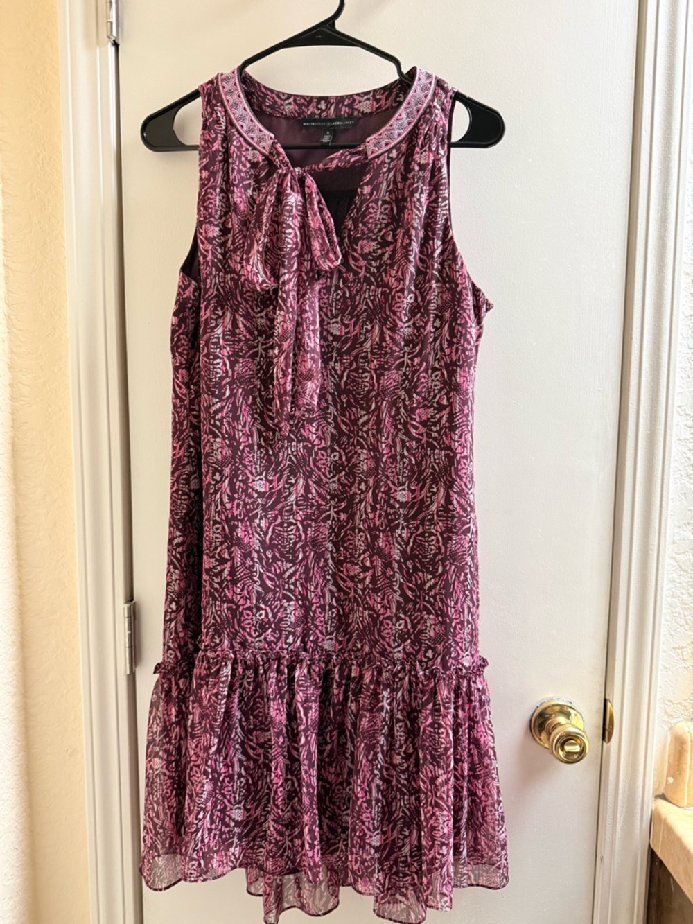 White House Black Market Burgundy Pink Floral Chiffon Ruffel Hem Dress